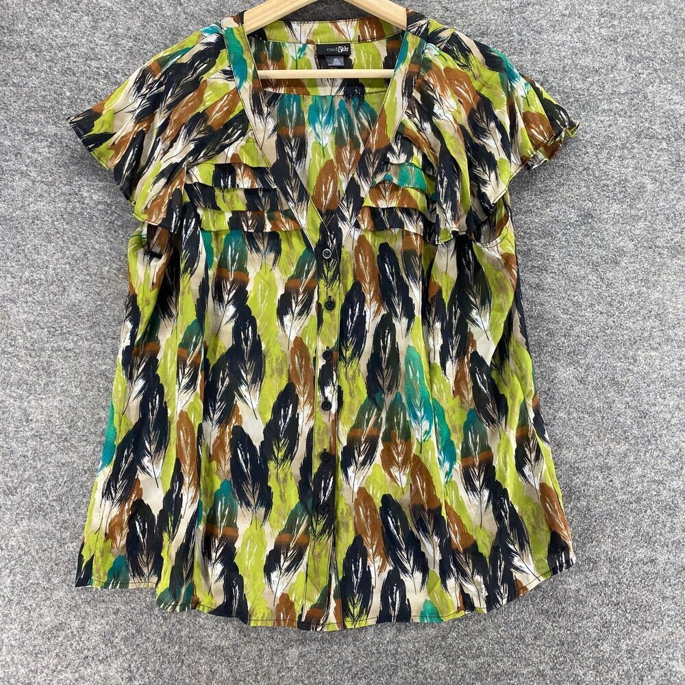 East 5th Shirt Women XL Green Floral Button Up V-Neck Short Sleeve Ruffle Casual